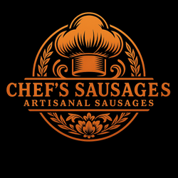 Logo for Chef's Sausages with a chef's hat and decorative elements on a black background