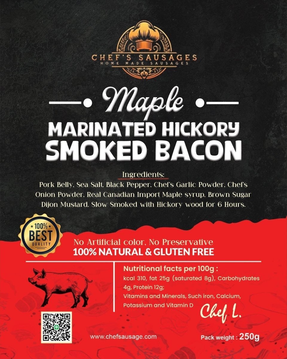 Maple, Hycory wood smoked bacon 250g pack (Thin Cut) - Chef's Sausage -