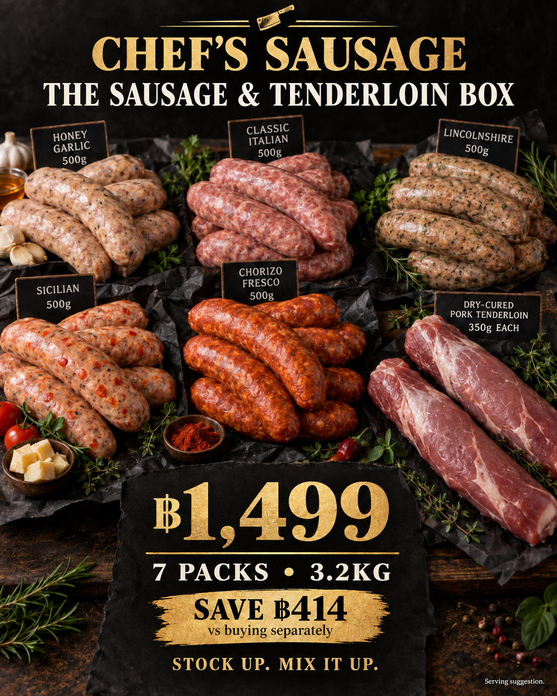 Sausage & Tenderloin Box — ฿1,499, save ฿414. Five sausage varieties and two dry-cured pork tenderloins. 7 packs, 3.2kg. Serving suggestion.