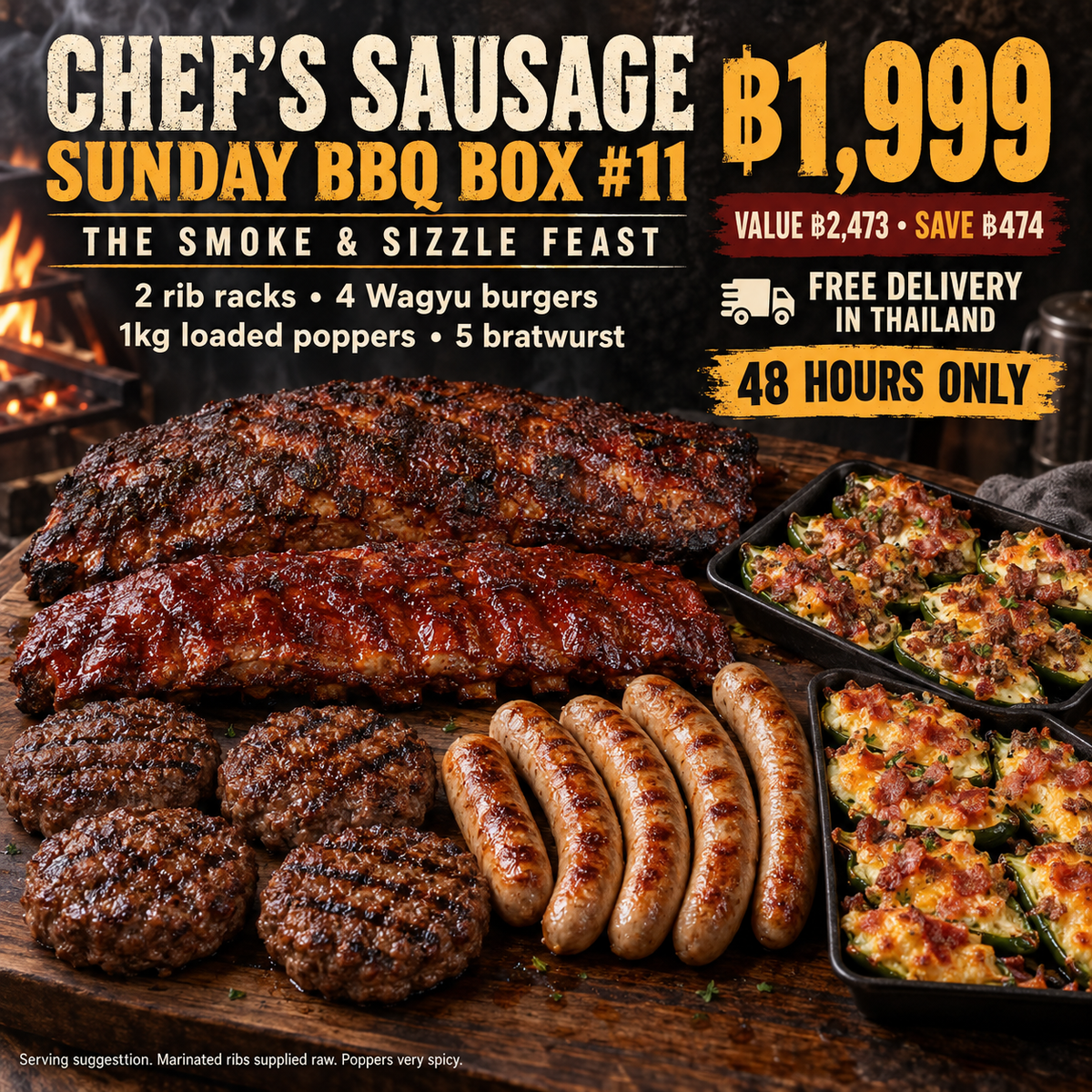Sunday BBQ Box #11 — The Smoke & Sizzle Feast. ฿1,999, save ฿474. Serving suggestion; marinated ribs supplied raw.