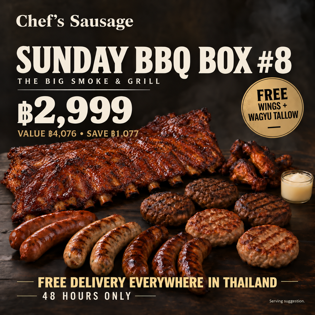 Sunday BBQ Box #8 with Louisiana smoked pork ribs. ฿2,999, save ฿1,077, free wings, tallow and nationwide delivery.