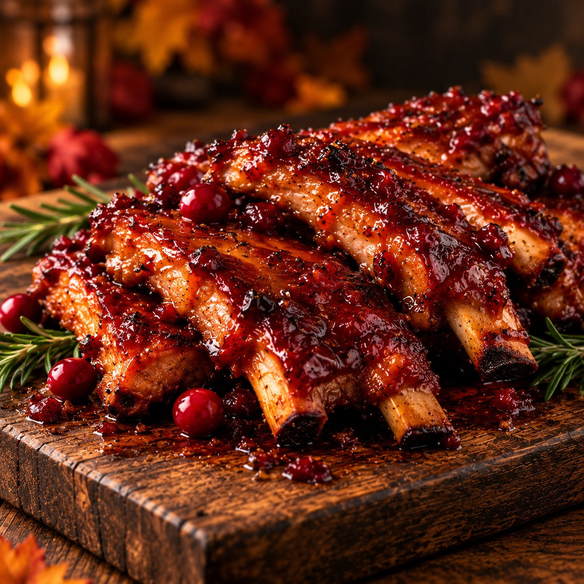 Cranberry and maple BBQ ribs with a glossy glaze on a wooden board; cooked serving suggestion for raw marinated ribs.