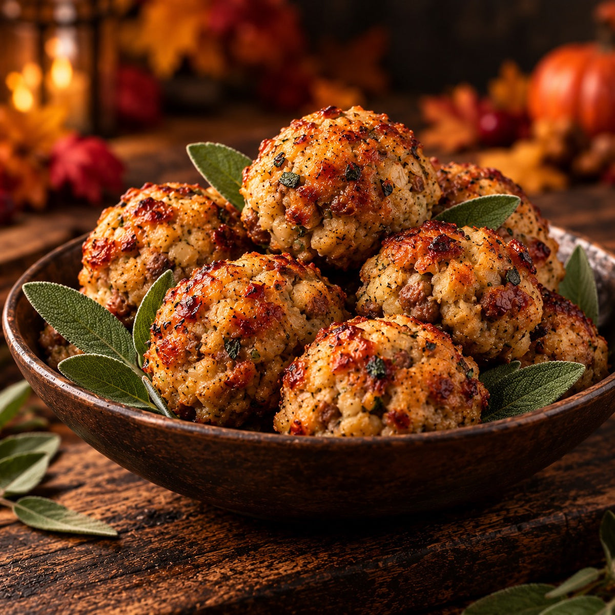Golden cooked pork, sage and onion stuffing balls in a wooden bowl; serving suggestion for stuffing balls supplied raw.