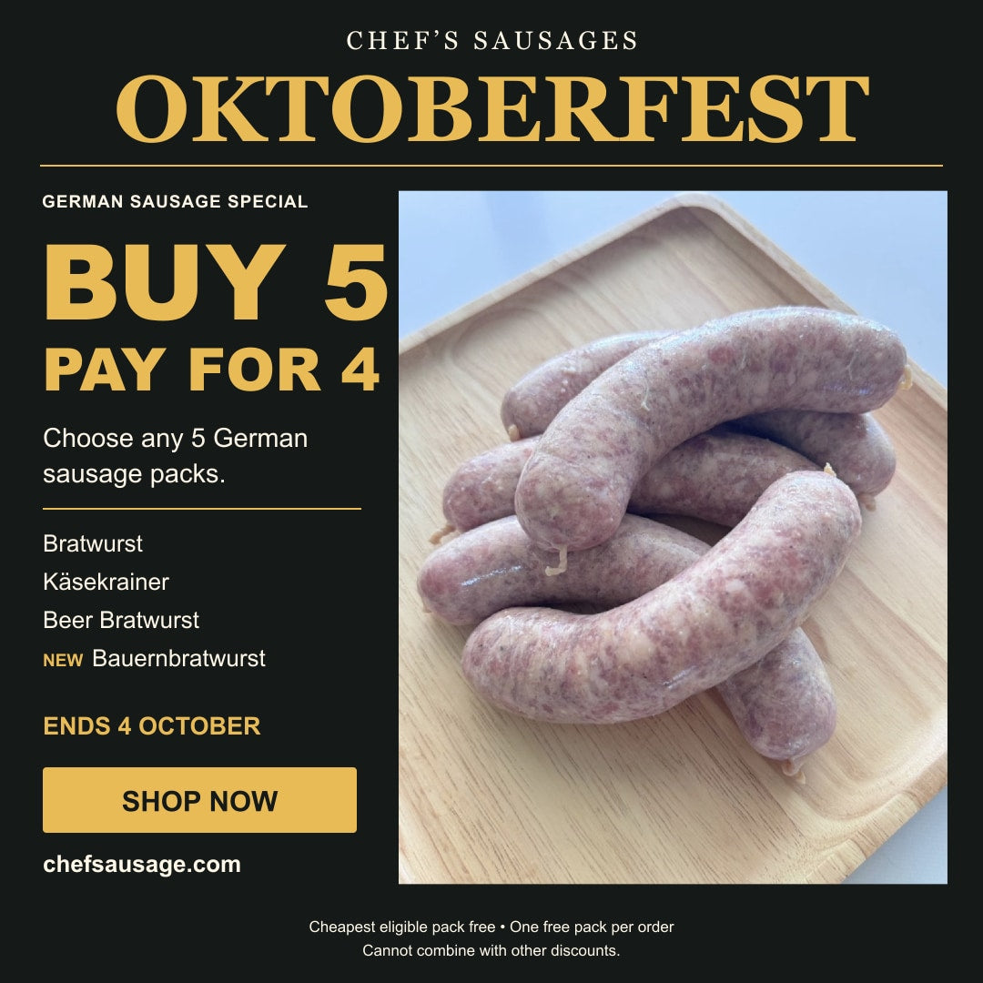 Oktoberfest — Buy 5, Pay for 4. Real Chef’s Sausages photograph. Choose from four German sausages. Ends 4 October.