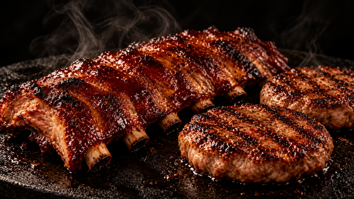 Pork baby back ribs and grilled pork burger patties