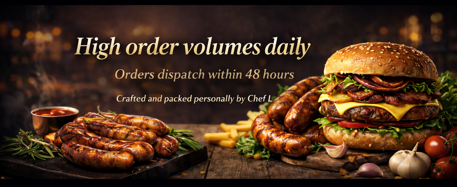 Burger and sausages on a wooden table with text about high order volumes and quick dispatch.