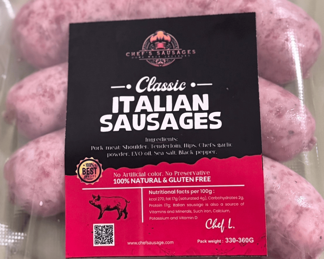 Classic Italian sausage pack, Italian sausage close-up, raw Italian pork sausages