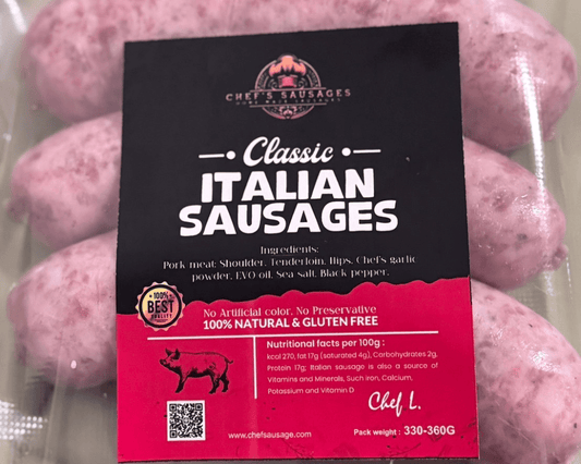 Classic Italian sausage pack, Italian sausage close-up, raw Italian pork sausages