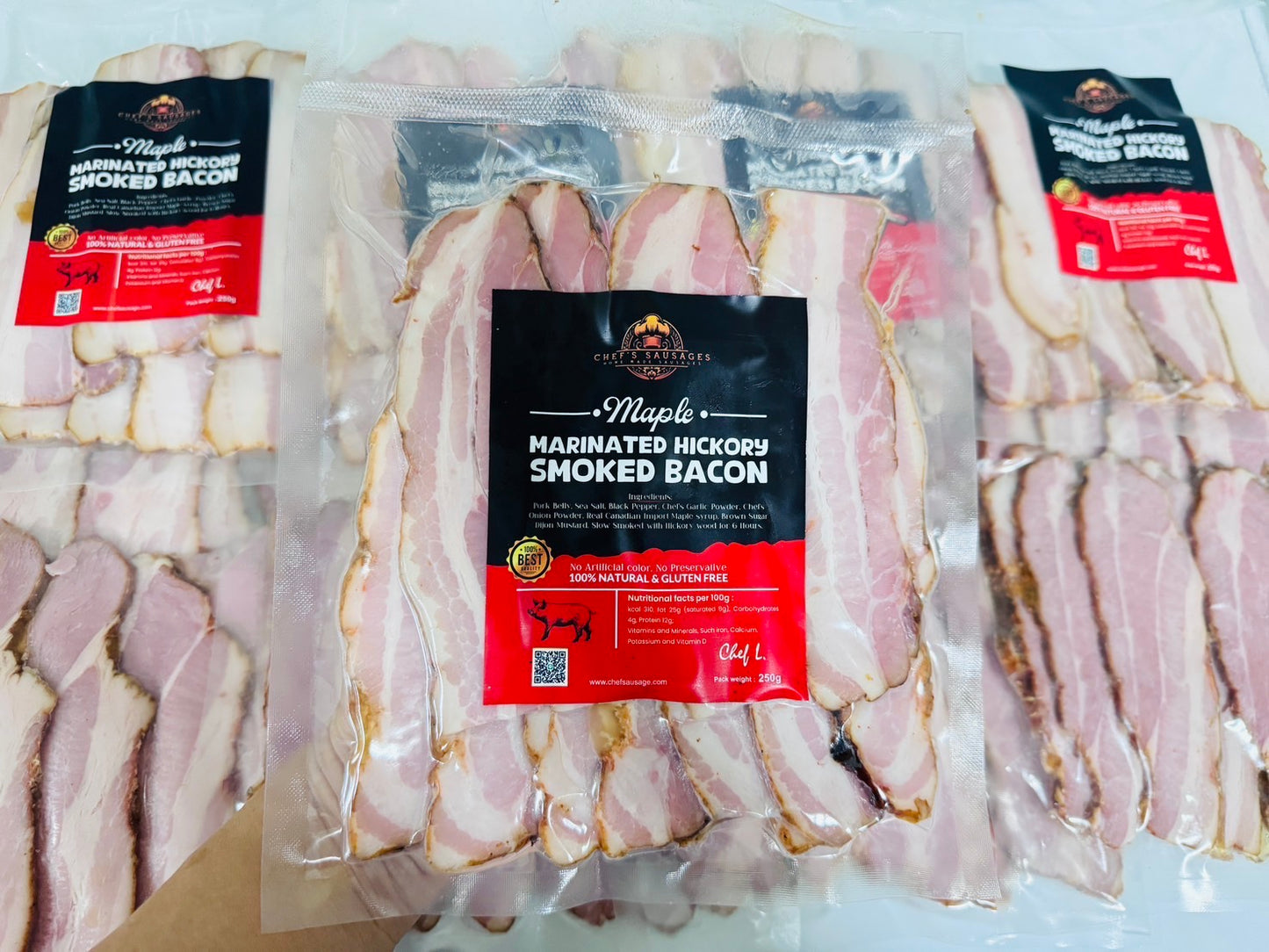 Maple, Hickory wood smoked bacon 250g pack Thick Cut 5mm
