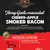 Advertisement for Chef's Sausages Honey-Garlic marinated Cherry-Apple Smoked Bacon with text and branding.