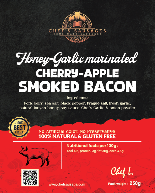 Advertisement for Chef's Sausages Honey-Garlic marinated Cherry-Apple Smoked Bacon with text and branding.