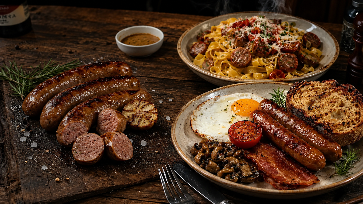 Cooked sausages, sausage pasta and a sausage breakfast served on a rustic wooden table. Serving suggestion.