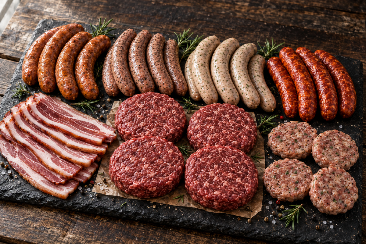 Photorealistic illustration of the Family Favourites Box with four Wagyu burgers, four sausage varieties, smoked bacon and four breakfast patties; garnishes not included.