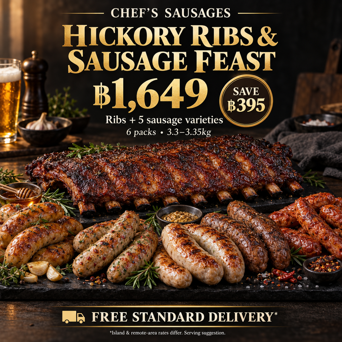 Hickory ribs and five sausage varieties — 1649 baht, save 395 baht. Serving suggestion.