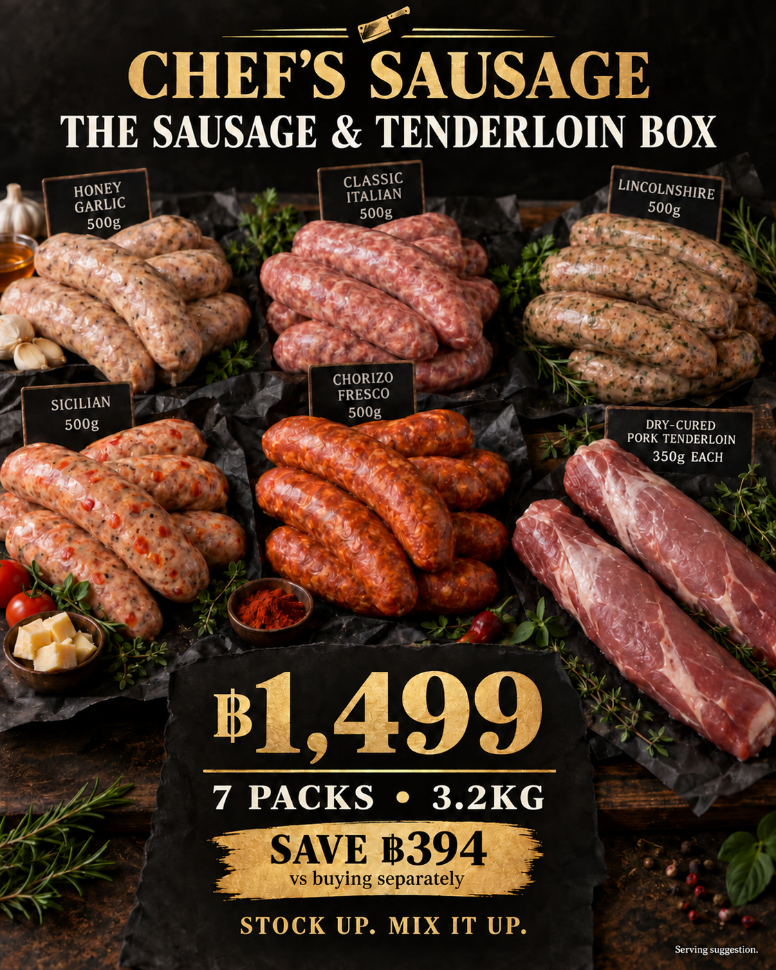 Sausage & Tenderloin Box — ฿1,499, save ฿394 versus buying separately. Five sausage varieties and two dry-cured pork tenderloins. 7 packs, 3.2kg. Serving suggestion.