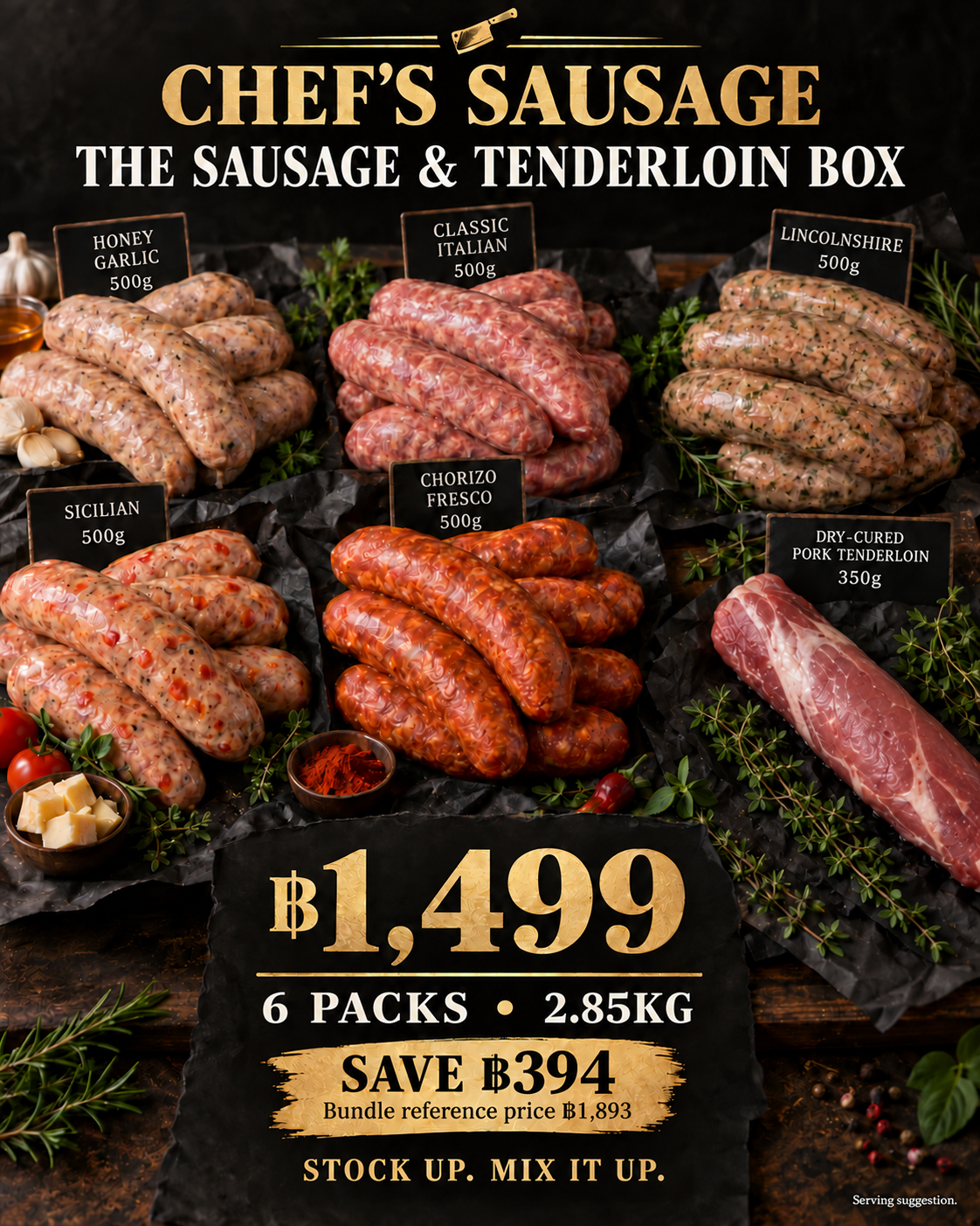 Sausage & Tenderloin Box — one 350g dry-cured pork tenderloin and five sausage varieties, 6 packs, 2.85kg. ฿1,499, Save ฿394 against bundle reference price ฿1,893. Free standard delivery.