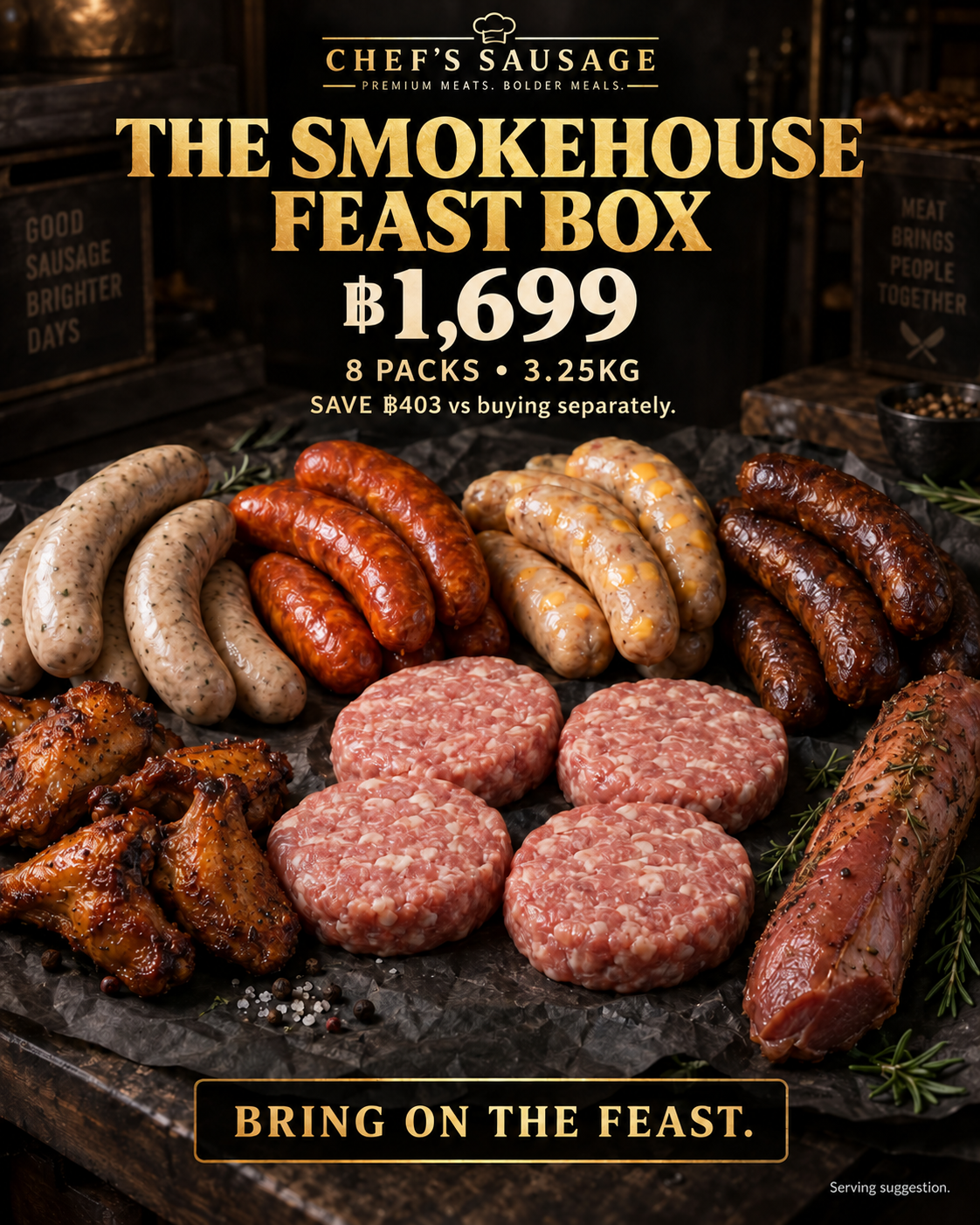 Smokehouse Feast Box — ฿1,699, save ฿403. Four sausage varieties, four pork burgers, smoked chicken wings and dry-cured pork tenderloin. 8 packs, 3.25kg. Serving suggestion.