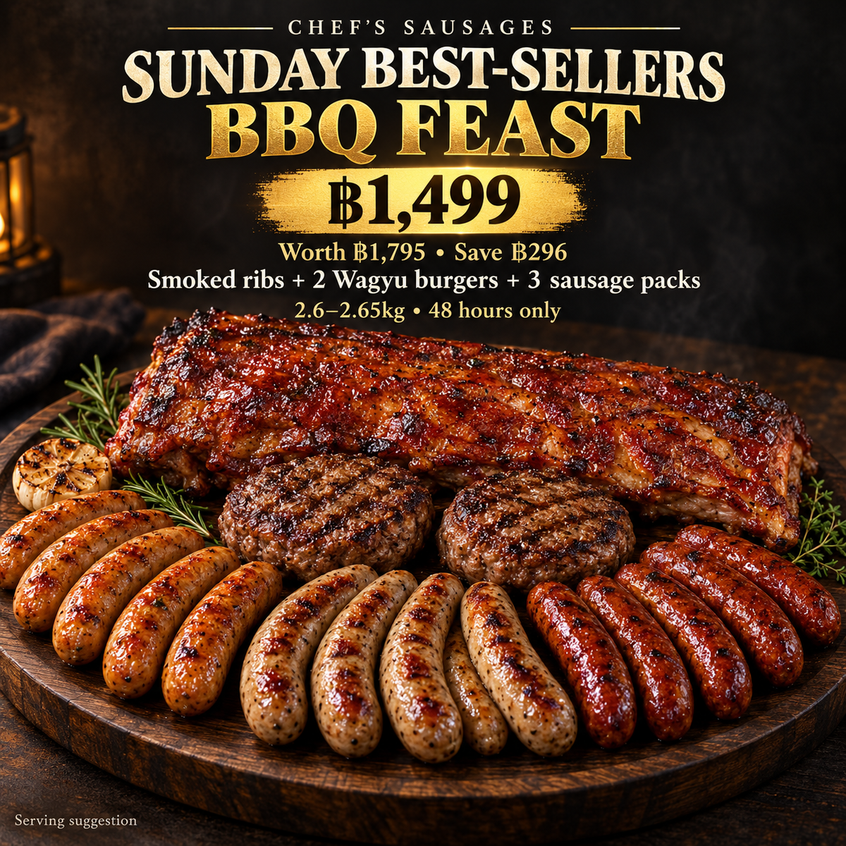Sunday Best-Sellers BBQ Feast — 2.6–2.65kg for ฿1,499. Save ฿296 versus buying separately. Smoked ribs, 2 Wagyu burgers and 3 sausage packs. Serving suggestion.