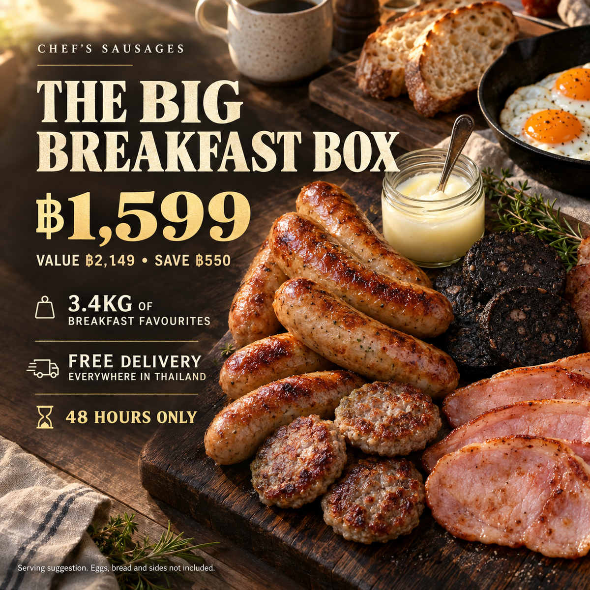 The Big Breakfast Box: 3.4kg for ฿1,599, save ฿550, free delivery everywhere in Thailand. Serving suggestion.