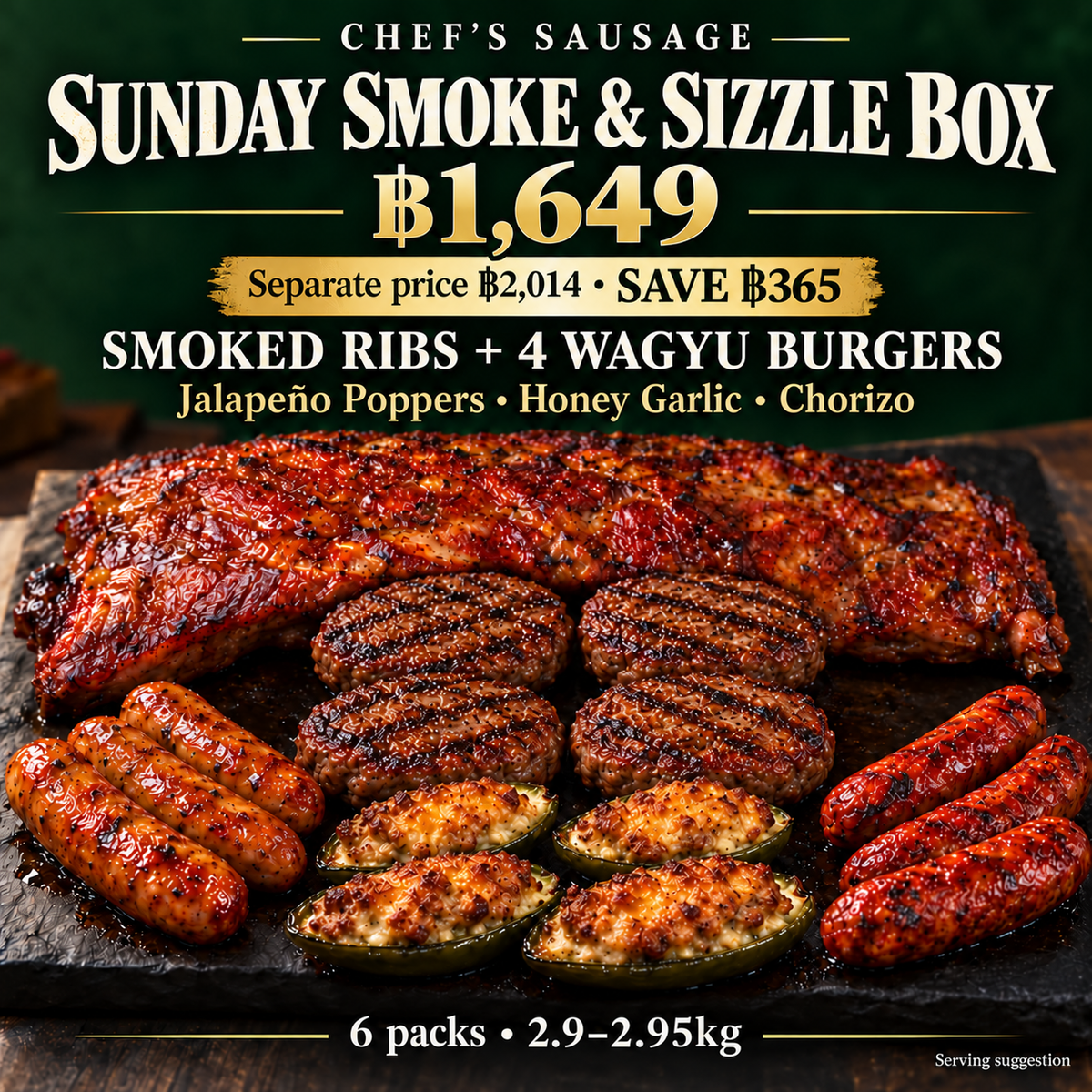 Sunday Smoke & Sizzle Box: smoked ribs, four Wagyu burgers, jalapeño poppers, Honey Garlic and Chorizo. ฿1,649, save ฿365.