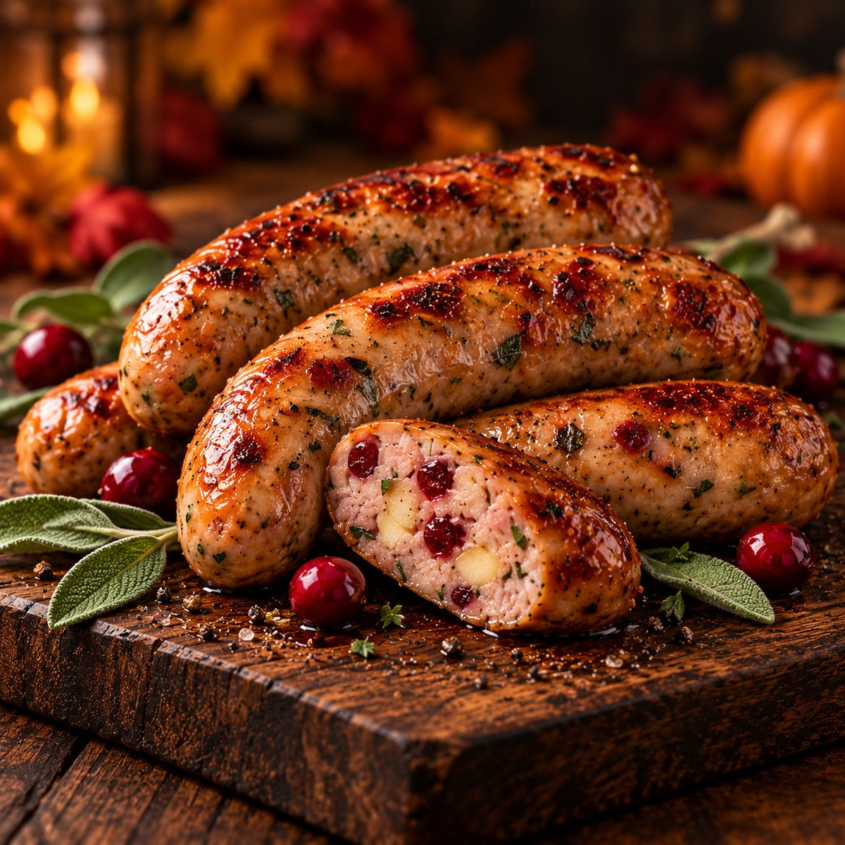 Cooked apple, sage and cranberry pork sausages with a sliced sausage showing the filling; serving suggestion for sausages supplied raw.