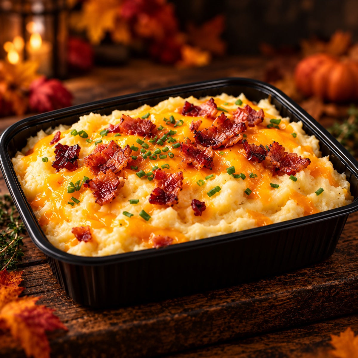 Bacon and cheddar mashed potatoes in a black food tray, topped with melted cheddar and pieces of bacon.