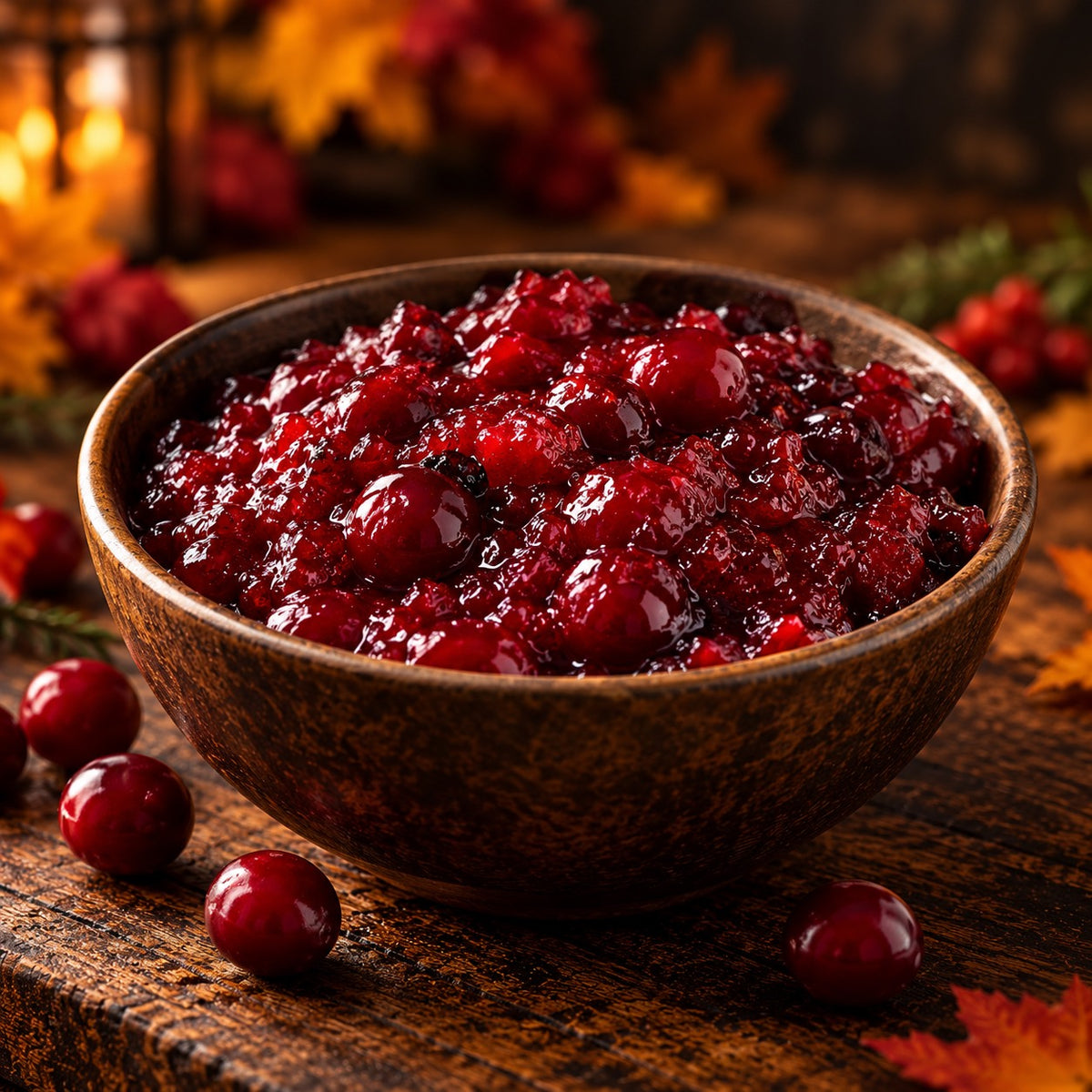 Homemade cranberry sauce with whole cranberries in a wooden serving bowl.