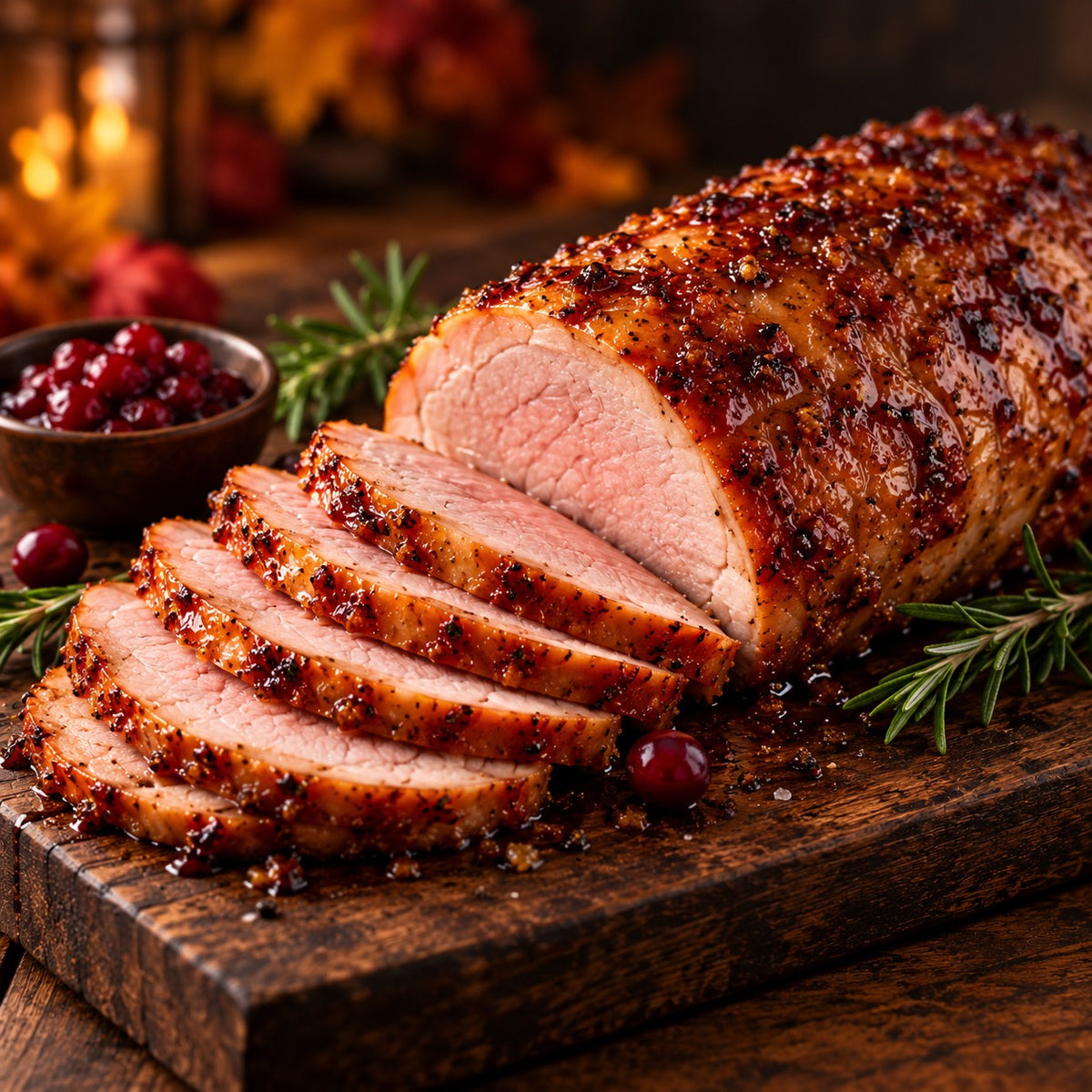 Sliced maple and brown sugar glazed smoked pork loin on a wooden board, with cranberry sauce and rosemary.
